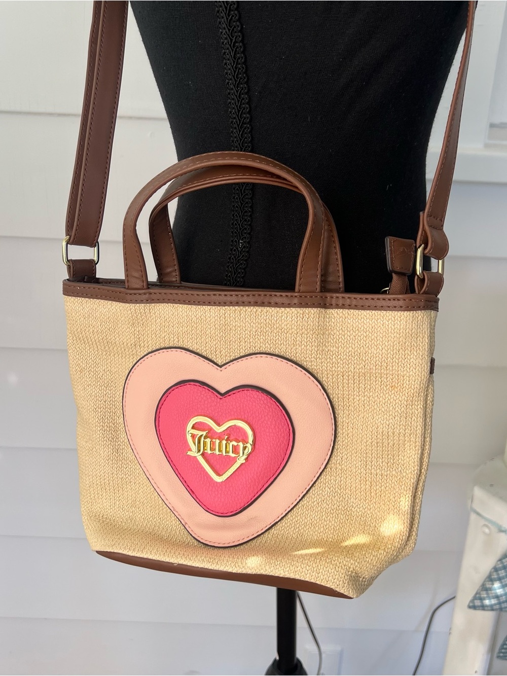 Y2K style Juicy Couture Beige Canvas Heart Tote with Pink Accent